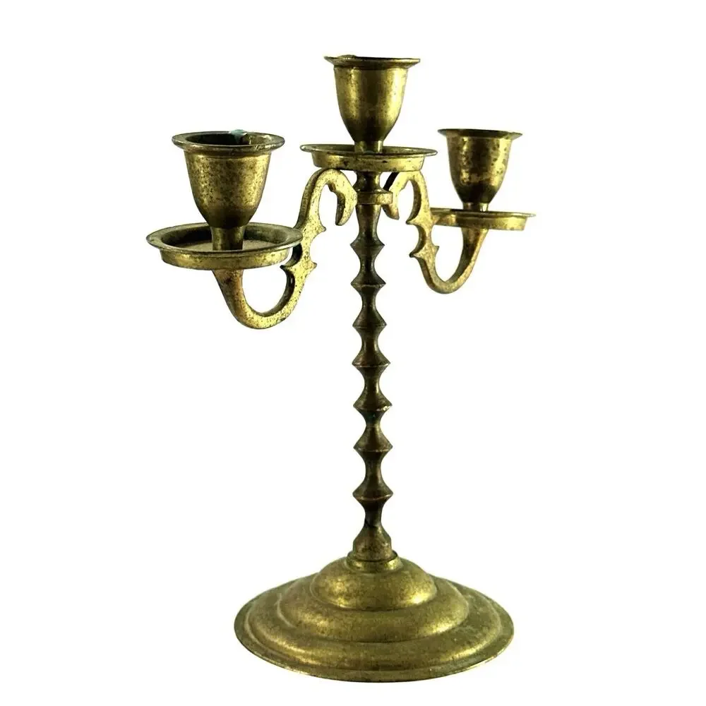Vintage Brass 3 Arm Candelabra Candlestick Holder Gothic Spanish Colonial 7.5”